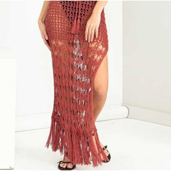 Tasseled, Long Hollowed Out Swimsuit Coverup In Rusty Red - Picture 6 of 7